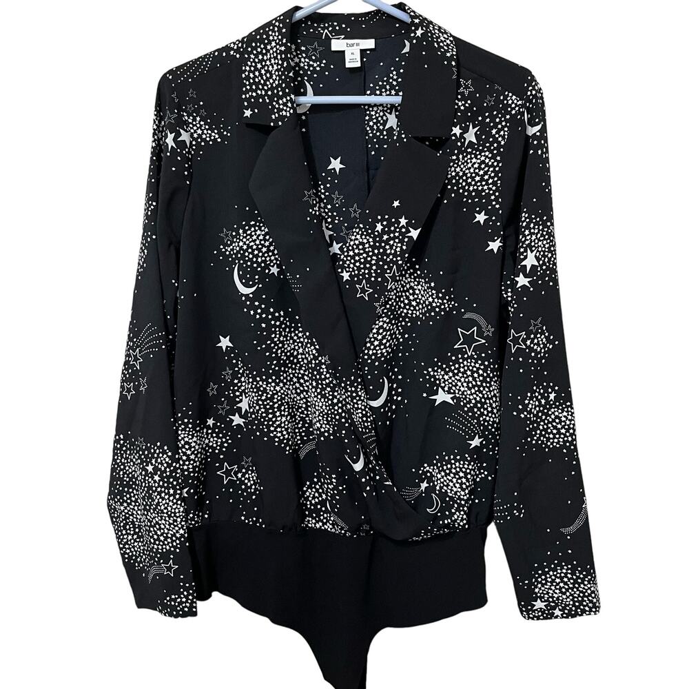 Bar 111 Women's‎ Bodysuit Top Sz XL Black Moon Stars Galaxy Stretch Snaps